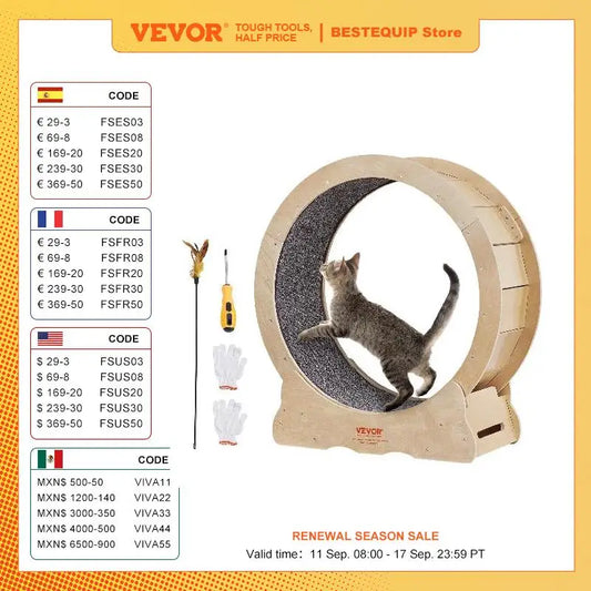 VEVOR Cat Exercise Wheel Natural Wood Silent Running Toy Treadmill Roller Wheel with Detachable Carpet for Most Cats Pet Fitness
