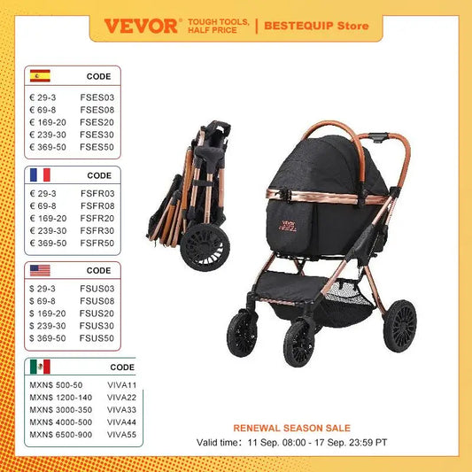 VEVOR 66 lbs Pet Stroller Foldable Dog Puppy Stroller with Brakes Storage Basket Detachable Carrier for Small to Medium Dogs